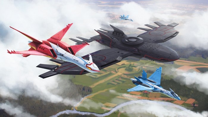 Ace Combat jets flying over a landscape