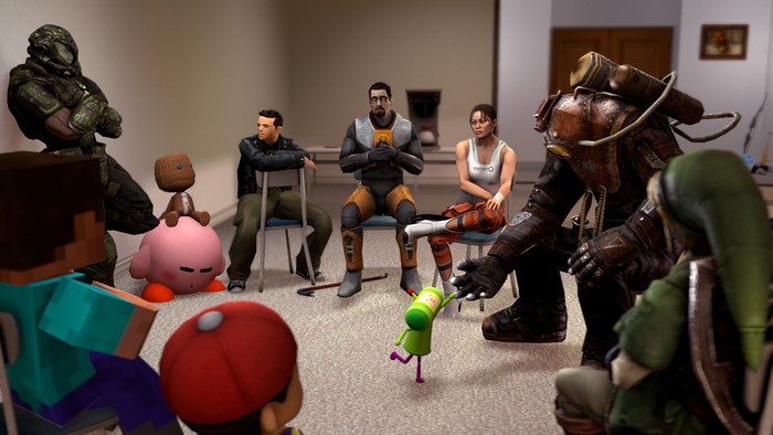 Characters from various video games in a support group