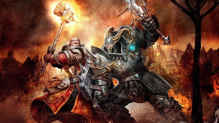 Warhammer Online: Two warriors fighting with hammer and sword