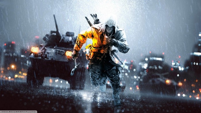 Assassin's Creed Unity character in a rainy city with a tank