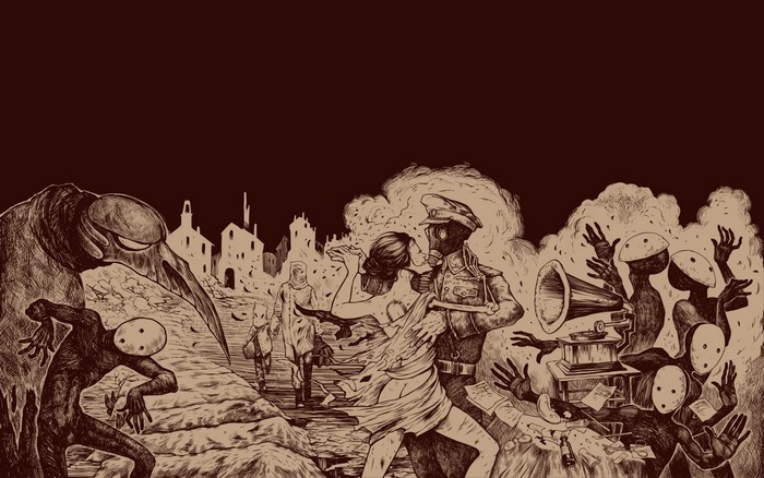 Apocalyptic scene with dancing couple and strange creatures