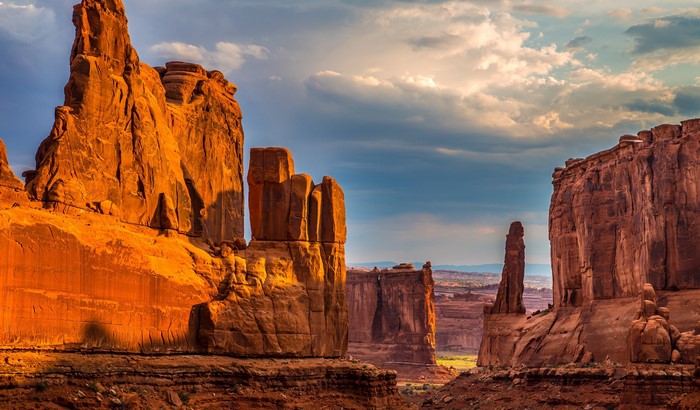 Sunlit Rock Formations at Arches National Park