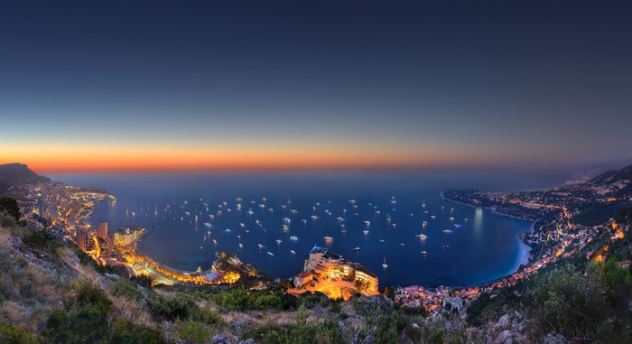 Sunset Over Monaco Bay and City Lights