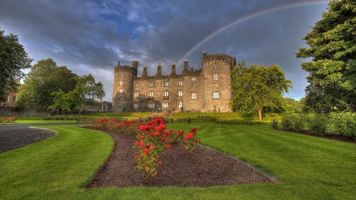 Historic Castle in Irish Garden with Rainbow
