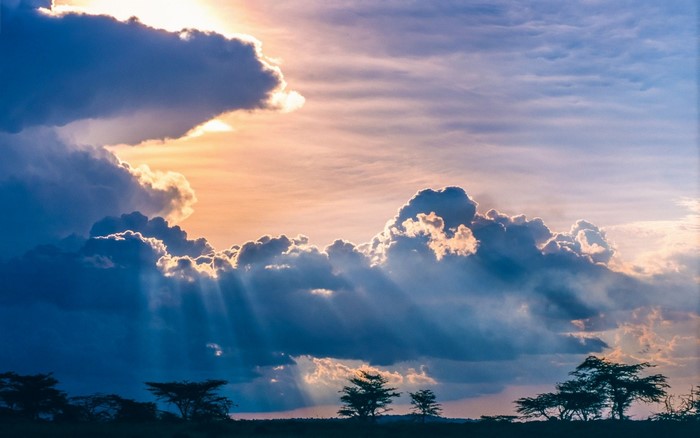 Sun rays breaking through clouds over African savannah at sunset