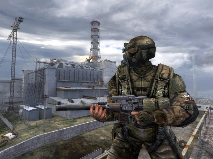 S.T.A.L.K.E.R. video game screenshot with soldier near power plant