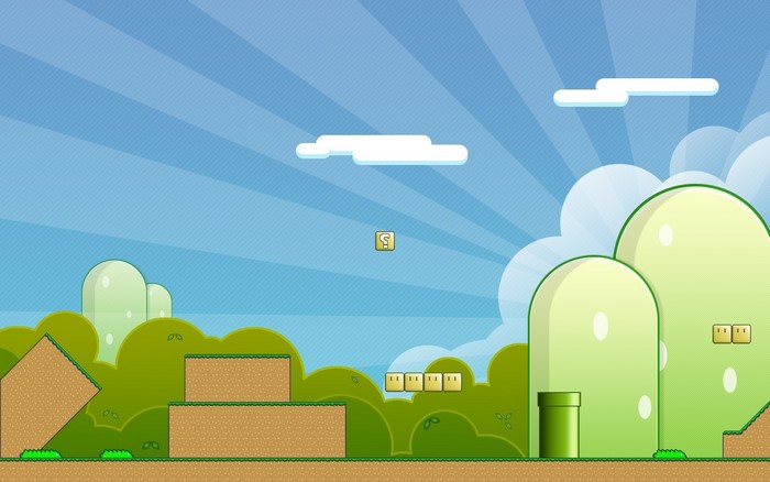 Super Mario landscape with question block and pipes