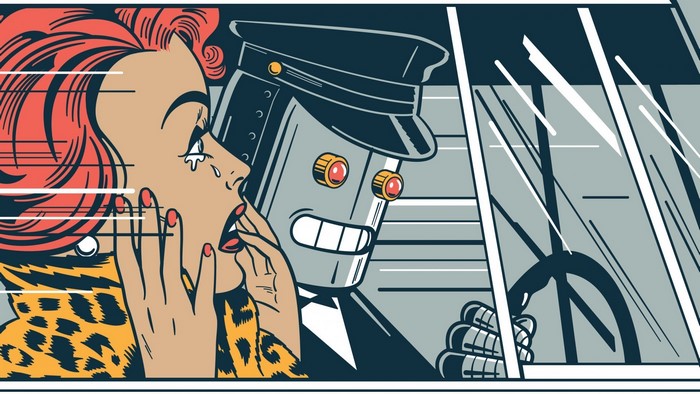Robot driver and crying woman in a car