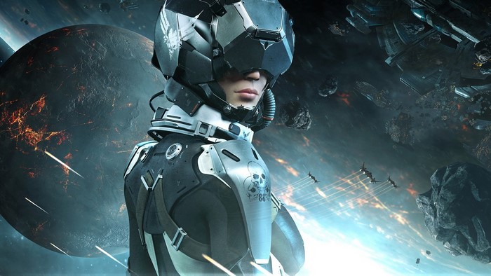 Female pilot in a spaceship cockpit with a planet in the background