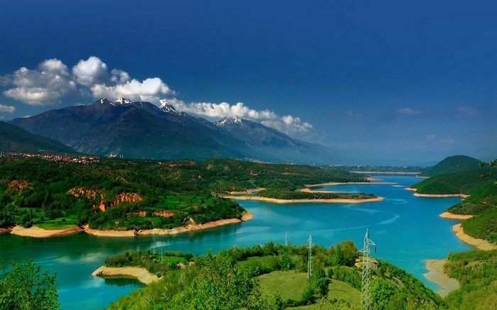 Lake and mountains with snowy peaks in Macedonia