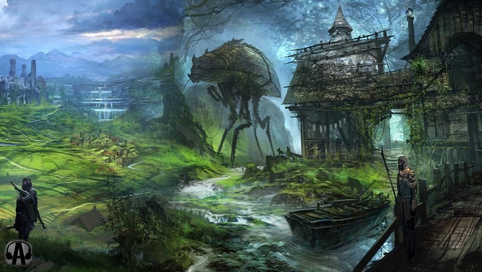The Elder Scrolls fan art with a creature and buildings