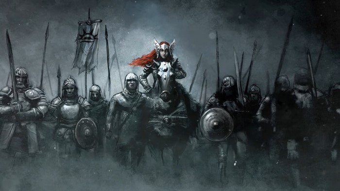 Baldur's Gate concept art of female knight leading soldiers