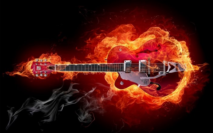 Red electric guitar engulfed in flames
