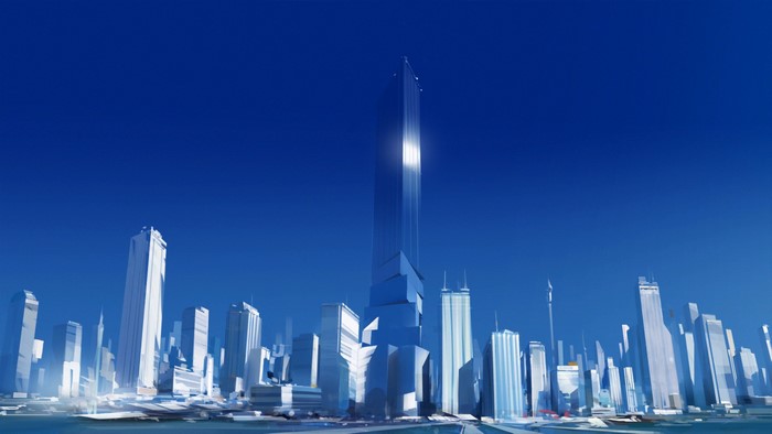Cityscape with a tall skyscraper under a blue sky