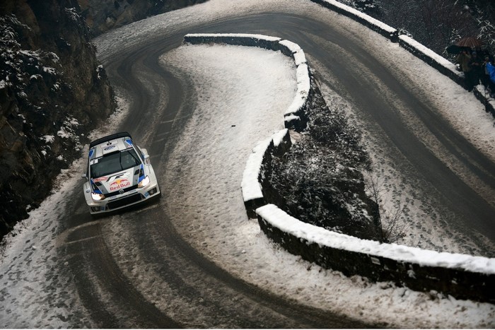 Volkswagen Polo WRC rally car on a snowy road