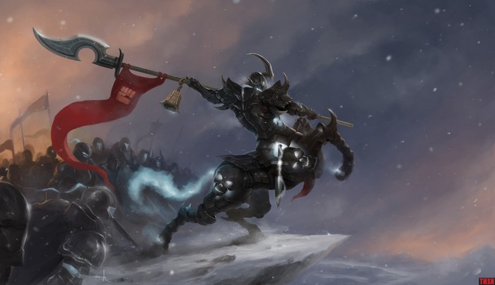 Hecarim from League of Legends with a banner and bell