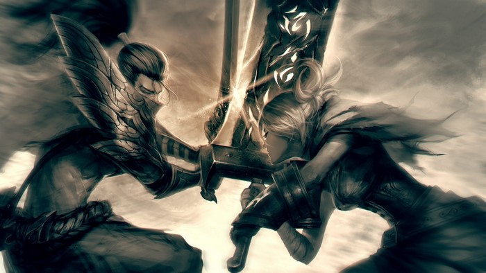 Yasuo and Riven from League of Legends clashing swords