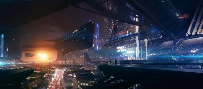 Futuristic city with spaceships at sunset