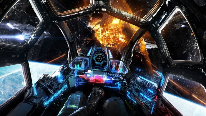 Futuristic spaceship cockpit during space battle