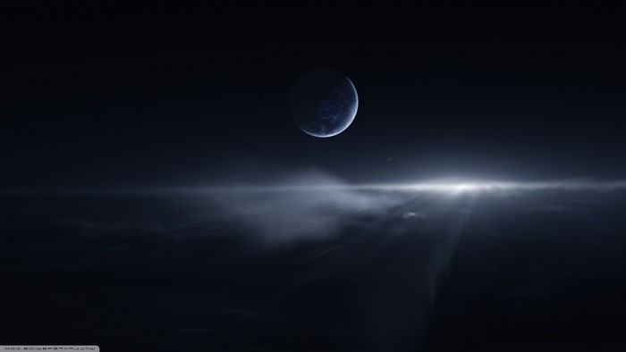 Mysterious Dark Blue Space with Distant Planet