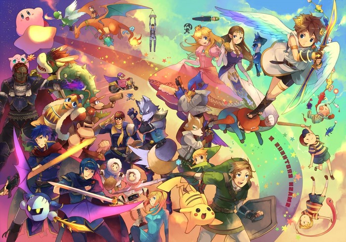 Super Smash Bros. characters including Link, Samus, and Pikachu
