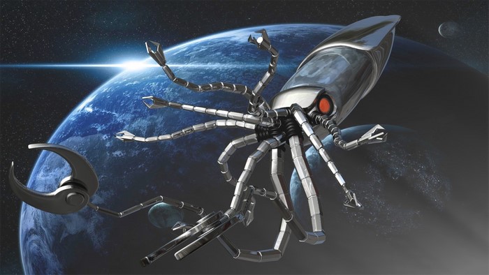 Futuristic mechanical squid spaceship near a planet