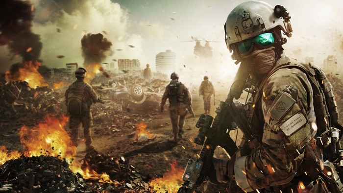 Soldiers in War-Torn Battlefield with Helicopters