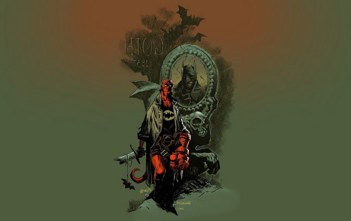 Hellboy and Batman comic art
