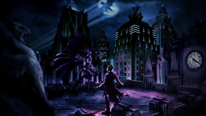 Batman and Joker on a Gotham rooftop