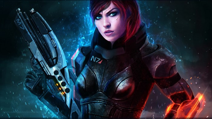 Commander Shepard from Mass Effect holding a weapon