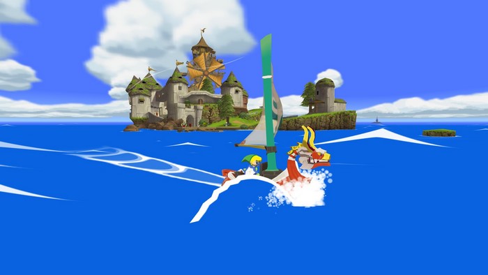 Link from The Legend of Zelda sailing a boat