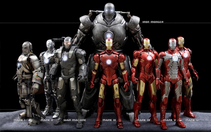 Iron Man suits and Iron Monger from Marvel Cinematic Universe