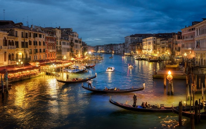 Evening Canal with Gondolas in Venice, Italy
