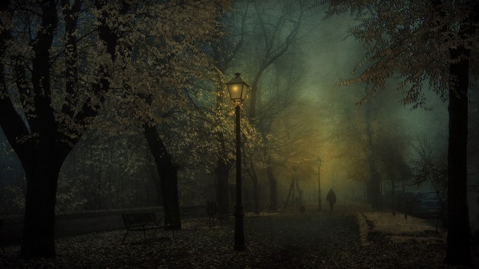 Misty park path with lantern and lone walker