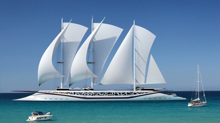 Modern sailing yacht with three sails on the sea