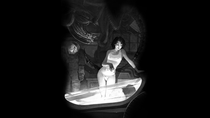 Woman in lingerie and astronaut near Xenomorph from Alien