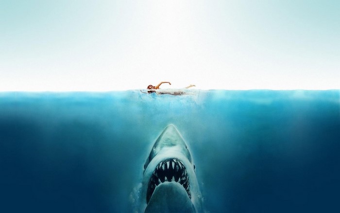 Jaws movie poster with shark and swimmer