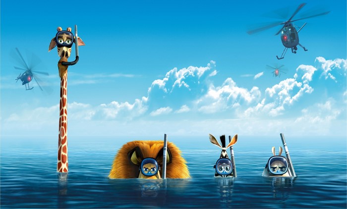 Madagascar movie characters in the ocean with helicopters