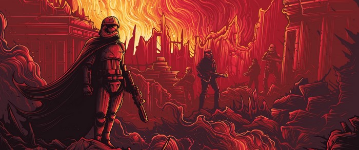 Stormtroopers in a burning Star Wars landscape