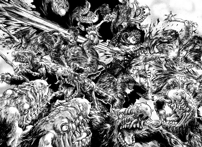 Guts fighting monsters in Berserk