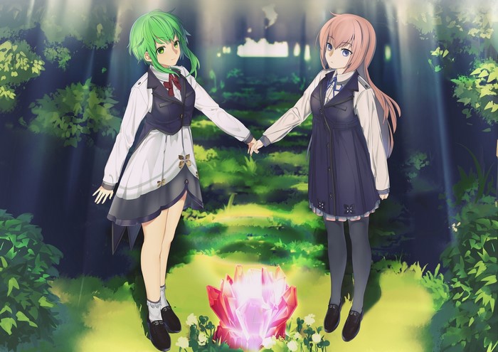Anime girls with green and pink hair holding hands in a forest