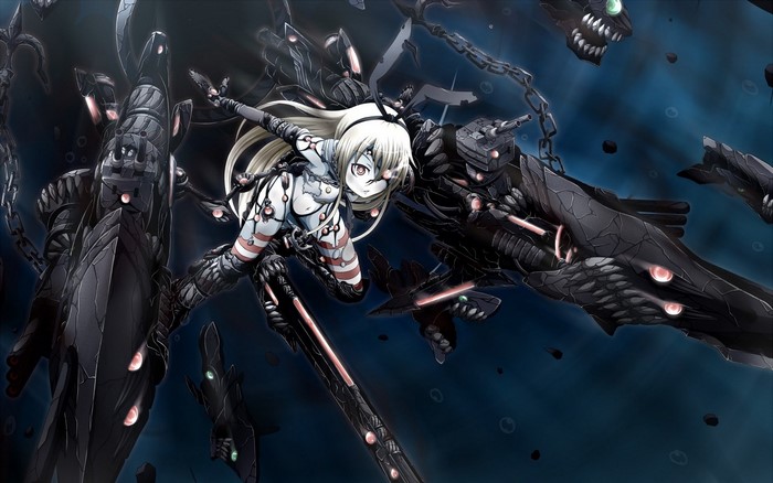 Anime girl with mechanical creatures in space