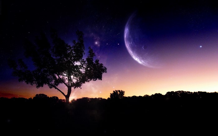 Digital art of a tree under a starry night sky with a large planet
