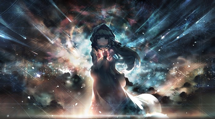 Anime girl with hood in starry sky