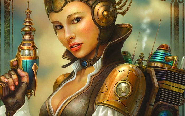 Steampunk woman with futuristic gun and backpack
