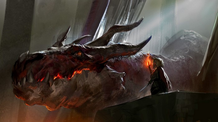 Smaug the Dragon and a person from The Hobbit