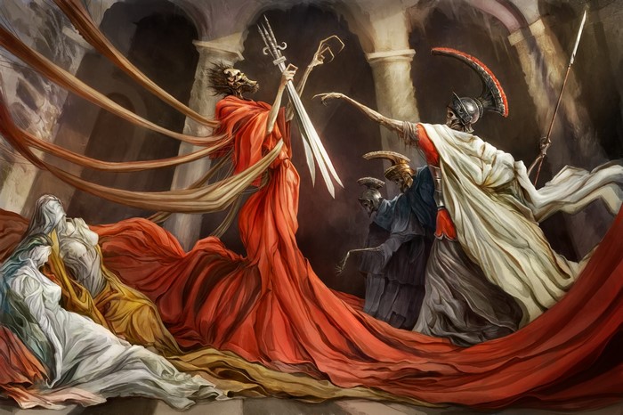 Epic Fantasy Scene with Death and Roman Warriors