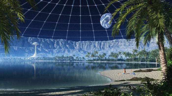 Futuristic dome with beach, lake, and mountains