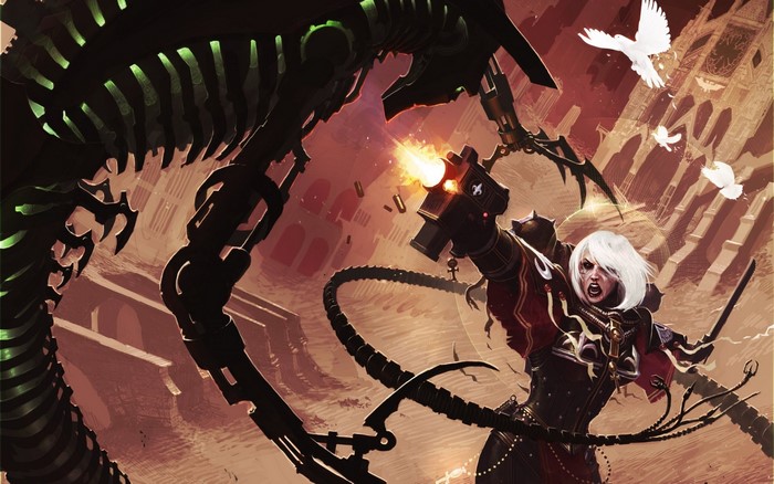 Adepta Sororitas fighting a Necron in Warhammer 40,000