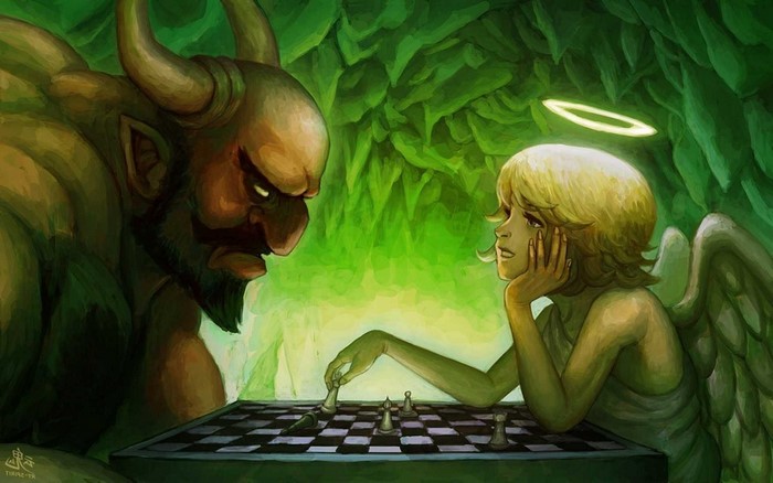Angel and Demon playing chess in a cave